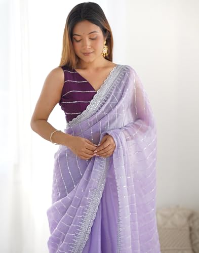 Image of SIRIL Women's Shimmer Chiffon Sequence Embroidery Saree With Unstitched Blouse Piece for Wedding and Parties