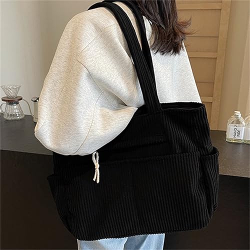 Image of Corduroy Tote Bag for Women, Multiple Pockets Large Hobo Shoulder Bag for Office & Shopping, Zipper Casual Handbags