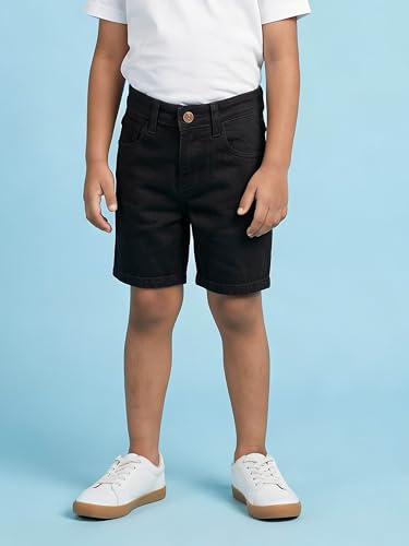 Image of KiddoPanti Boys Knee-Length Denim Shorts | Stretchable Cotton Poly Denim | Comfortable Fit with Button Elasticated Waistband & Zip Fly