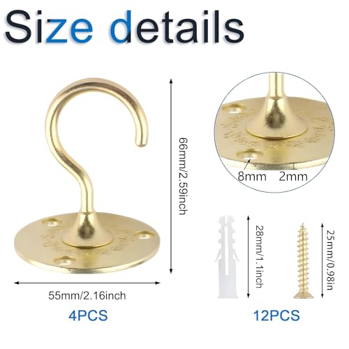 INCREWAY 4PCS Vintage Gold Ceiling Hooks with Screws for Chandeliers, Hanging Plants, Lamps & Bird Feeders Antique Style Ceiling Mount Hooks