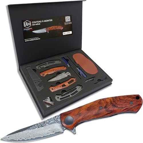 Kit Couteau Pliant à Monter Soi-Même - Lame Damas - CONÇU en FRANCE - Bois Cocobolo du Mexique - Model DM22 - DIY - Idée de Cadeau Originale - Difficulté d’assemblage 3/5