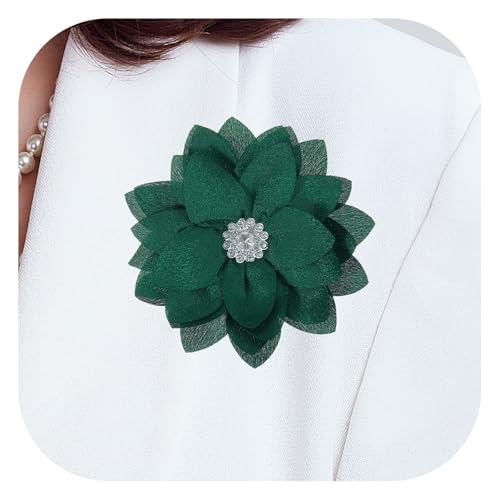 Broche en fleur de 8 cm en satin vert foncé et cristal élégant