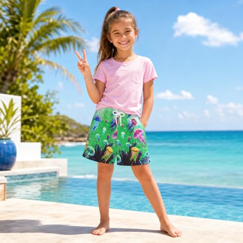 Image of AMYNICE Girls Beach Board Short with Liner Quick Dry Active Jellyfish Print | Swimming Trunks Swimsuit with Pockets Drawstring Surfing, Beach, Vacation and Holiday for Toddler Baby girl