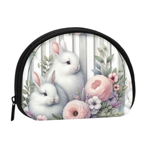 Portable Coin Purse Happy-Easter-Rabbits-Floral Mini Zippered Money Pouch Card Holder