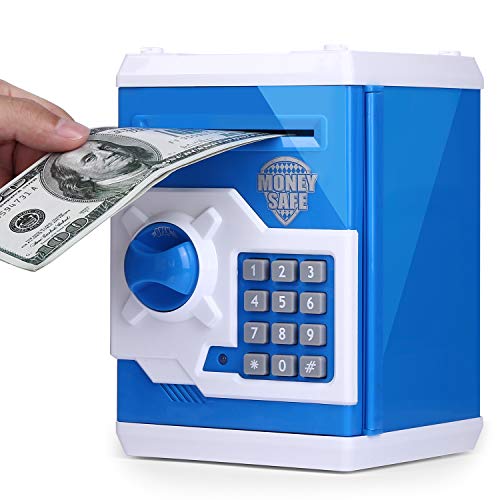 Kingsida Piggy Bank Cash Coin ATM Bank Electronic Coin Money Bank for Kids (Blue and White)