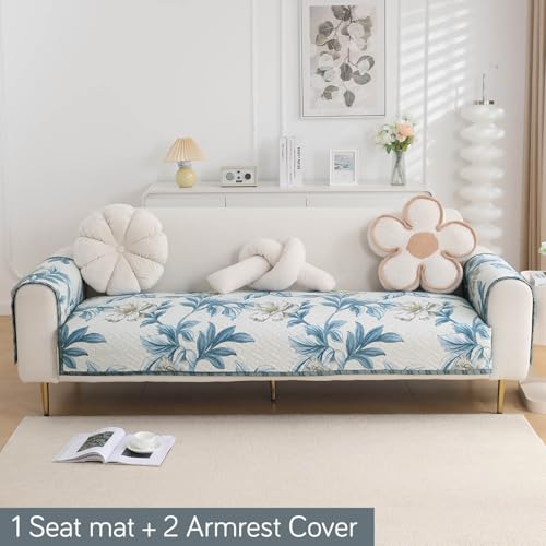 Image of HOKIPO 'HomeHues Series' Printed Quilted Sofa Seat Mat for 1 Seater Sofa with 2 Armrest Covers with Pockets, Celadon Blue Camellia (IN-806-D8 + IN-814-D8*2)