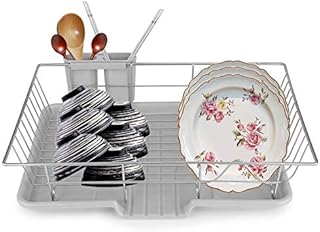 Dish Drainers, Metal Dish Drying Rack Draining Board Plate Rack Wire Cutlery Draining Holder with Drip Tray and Removable Cutlery Holder for Kitchen Countertop, 18.9x11.8x4.3in