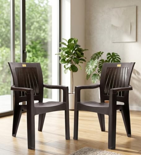 Image of Patiofy Plastic Arm Chair for Living Room, Heavy Duty Plastic Chair for Home and Outdoor, Solid Back Support, Comfortable Seating with Arm Support, 200 Kg Capacity (Rolex Brown- Set of 2)