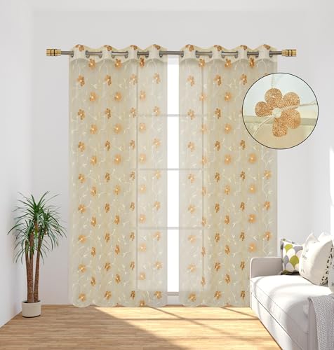 Image of Homefab India Embroidery Floral Net Transparent Sheer Curtain - 7X4 Feet, Door Curtains, Beige, Pack of 1 Pc