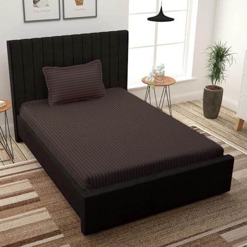 Image of Cotton Feel Satin Stripes /Lining Plain Bedsheet for Single Bed Bedsheet with One Pillow Covers for Home- Hotels-Guest House 60x90 Inches (Coffee)