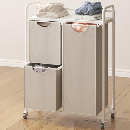 Hzuaneri Laundry Basket 3 Compartments, 1 x 64L, 2 x 32L, Laundry Hamper with 1 Shelf, Laundry Sorter, Removable Laundry Bag, for Bathroom, Laundry Room, White LB08703W
