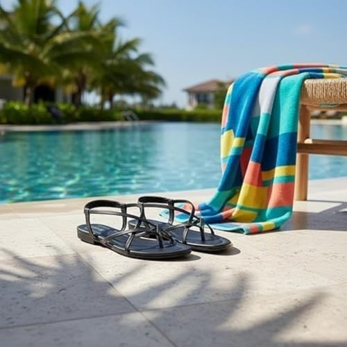 Image of Women's Strappy Flat Sandals, Black and Peach, Casual Summer Footwear
