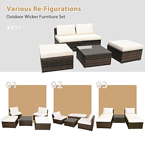 Tangkula 5 Piece Wicker Lounge Chair Set, with Tempered Glass Coffee Table, Outdoor Conversation Sets w/Washable Zippered Cushions, Includes 2 Armless Sofas, 2 Ottomans and 1 Side Table