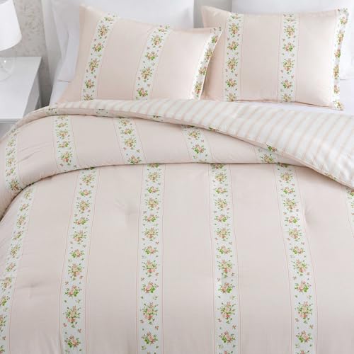 Image of Martha Stewart - King Comforter Set, 100% Cotton Reversible Bedding with Matching Pillowcases, Lightweight Bed Set, Floral Stripe Cottage Decor (Annabelle Pink)