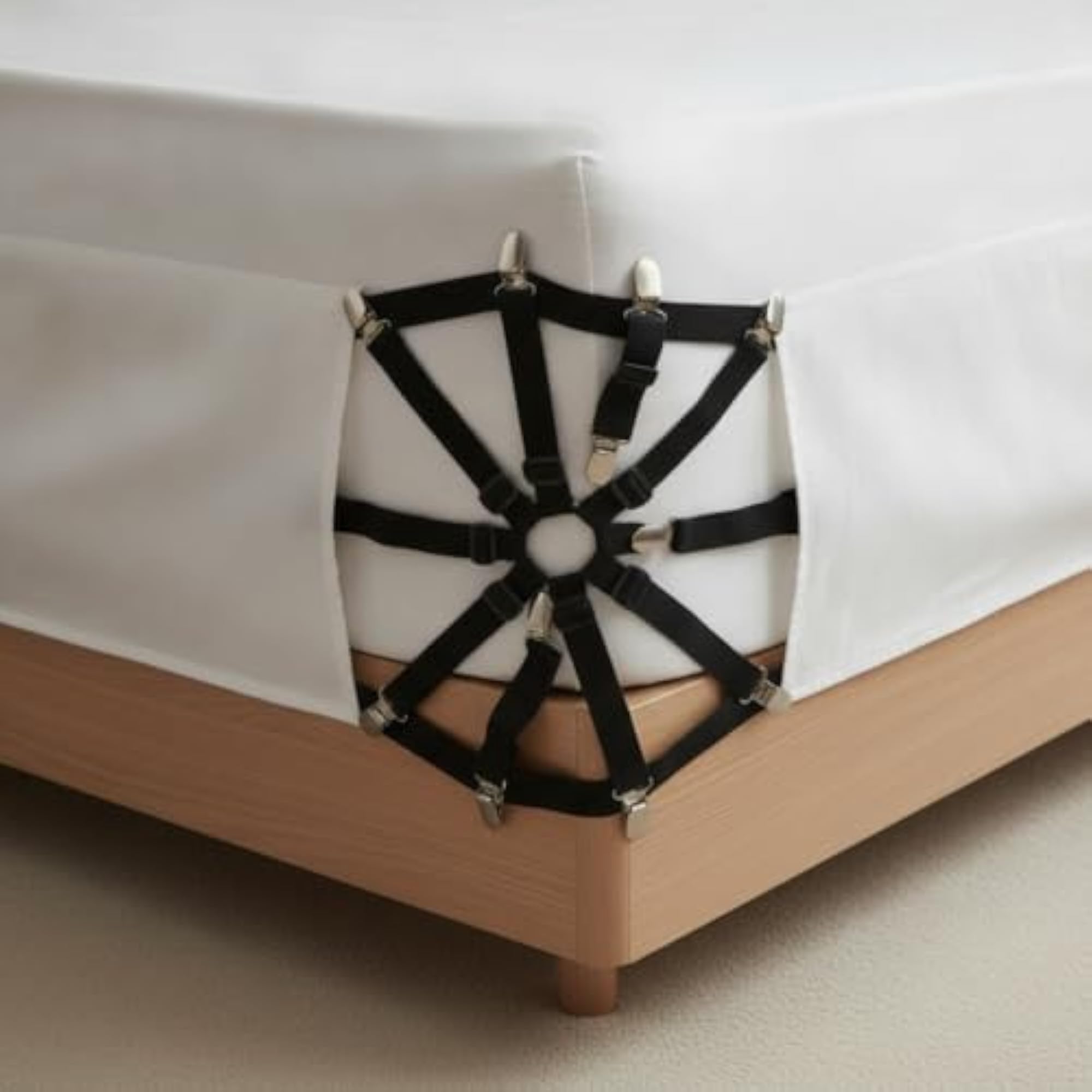 12-Pack Adjustable Sheet Grippers with Hexagonal Clips for Bedding, White