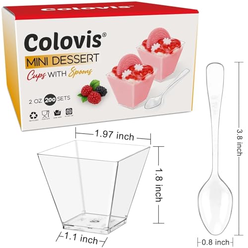 Image of Colovis Mini Dessert Cups, 200 CT 2oz Clear Plastic Parfait Appetizer Cups with Spoons Mini Square Dessert Bowls for Serving, Tasting (200)
