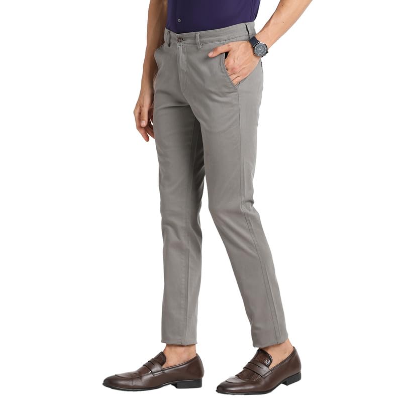 Image of Turtle Men Cotton Stretch Grey Dobby Narrow Fit Flat Front Casual Trouser