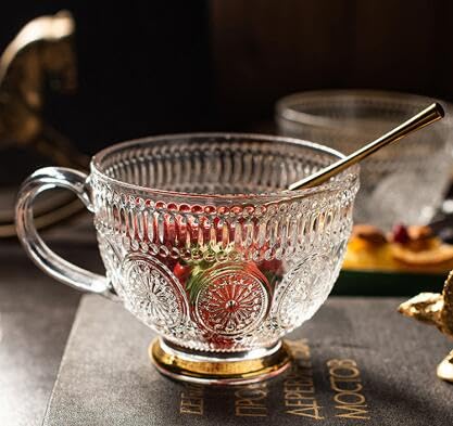 XGOPTS 400ml Glass Mug With Handle Tea Glass Cups Vintage Embossed - View #8