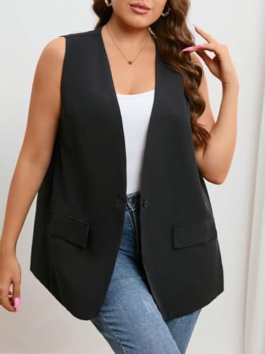 WDIRARA Women's Plus Size Deep V Neck Button Front Vest Blazer Elegant Sleeveless Jacket3