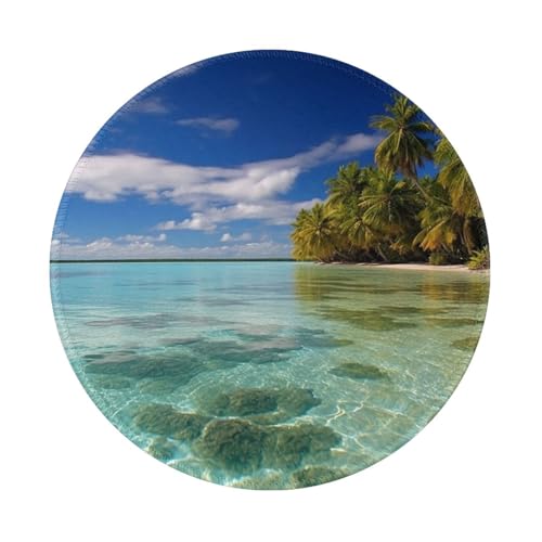 Aitutaki Tapis de souris rond avec coutures anti-effilochage, motif lagon des îles Cook, tapis de souris de jeu imperméable pour homme et femme, base en caoutchouc antidérapant, accessoires de bureau