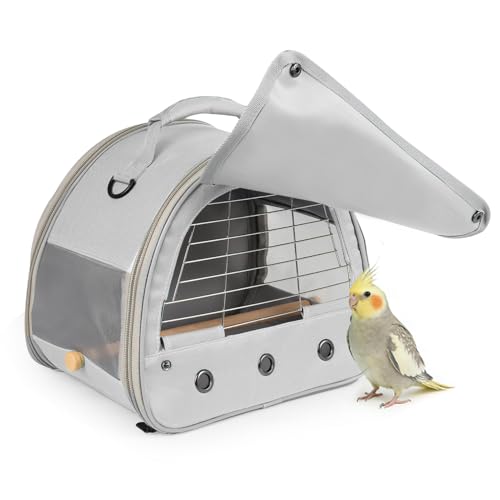 Image of Bird Travel Carrier Cage, with Stainless Steel Metal Window and Wood Perch, Portable Bag for Cockatiel Parakeet Conure Green Cheek Budgie (Grey, Steel Window)
