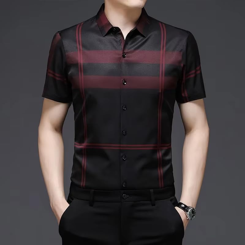 Mens Business Casual Short Sleeve Shirt Plaid Button Up Work Office Classic Style