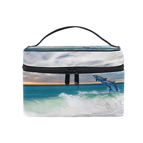 Trousse de maquillage dauphin arc-en-ciel zippée avec poignée de transport