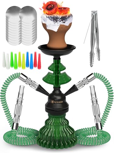 Green Hookah Set 2 Hose Hookah – LilOne 12” Green Mini Hookah Combo Kit Shisha Hookah Set with Prepunched Foil Hookas Bowl Disposable Tips Mouthpiece Tongs Portable Hookah Pipe - Hookah Machines