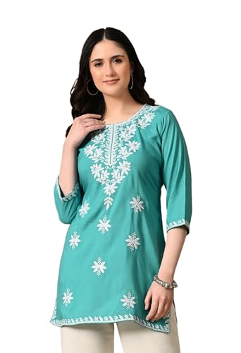 Image of LIBOZA Women's Chikankari Embroidered Short Kurti, Rayon Fabric, Three-Quarter Sleeves, Available in Pink, Black, Mustard Yellow, White, Pista and Green