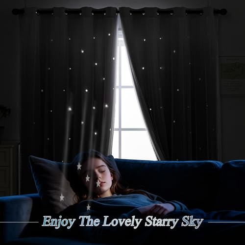 Image of indistar Dreamy Star Cutout Blackout Curtains with White Sheer,Double Layer Curtains for Girls Bedroom, Hollow Out Drapes for Nursery (2 Panel,52Wx72L,Dark Grey)