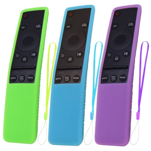 Paquete de 3 fundas para control remoto compatibles con control remoto de Smart TV, para control remoto Samsung, antideslizantes y a prueba de golpes, luminosas (morado, verde y azul).