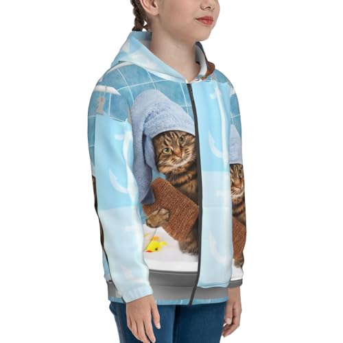 Funny Cat Taking a Bath Kids Pullover Hoodies Boys Zip Up Sweatshirts Girls Athletic Clothes with Pocket4