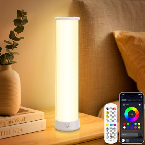 Smart LED Tischlampe, Kabellos Tischlampen Akku Aufladbar mit Timer&Musikmodus, Dimmbar Tischlampe mit Fernbedienung 256 RGB Farben Hell Tragbares Outdoor Deko Lmap für Wohnzimmer Schlafzimmer Camping
