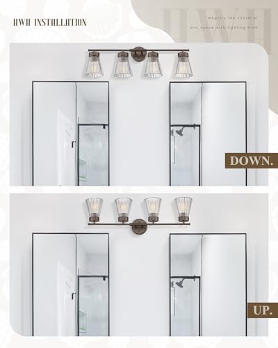 Image of 4-Light Bathroom Vanity Light, HWH Oil-Rubbed Bronze Bathroom Light Fixtures Farmhouse Vanity Lamp Over Mirror with Clear Striped Glass Shade, 5HZG97B-4W ORB