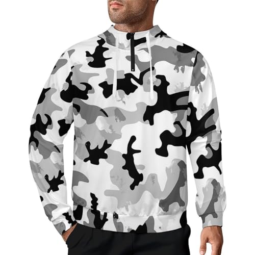Military Camouflage Black And White Hunting Men's Quarter Zip Drawstring Hoodies Long Sleeve Sweatshirt Casual Pullover