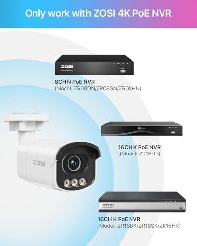 Image of ZOSI 4K 8MP Add on PoE Security Camera with True Color Night Vision,C186 Aurora Lux,Person Vehicle Detection,Two Way Audio, Spotlight Siren,Only Compatible 4K PoE NVR