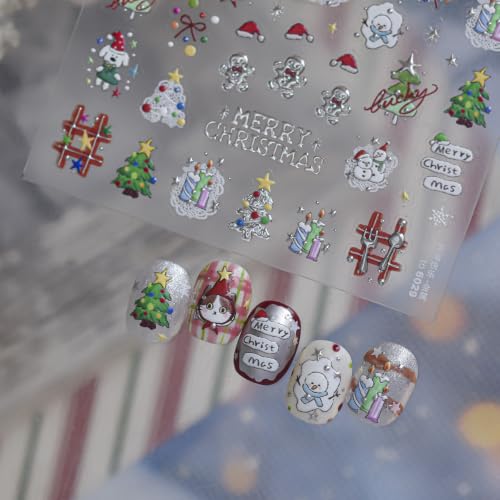 Image of Christmas Nail Stickers Decals Gingerbread Man Nail Art Stickers Design | Tree & Hat & Snowman Nail Decals for Nail Art 5D Embossed Self Adhesive Nail Charms for Women Holiday Nail DIY Decoration