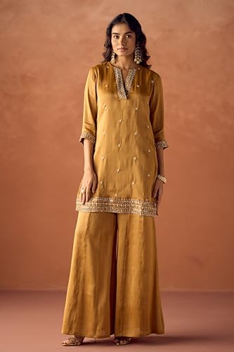 Image of FIORRA Women Mustard Tissue Blend Hand Embroidered Kurta Set with Dupatta