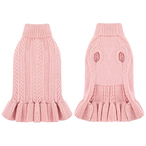 Alagirls Classic Medium Pink Dog Sweaters For Girls,Turtleneck Cable Warm Knit Cat Sweater,Cute Pet Dresses For Yorkie Shih Tzu Outfits,Pink M #TOP1