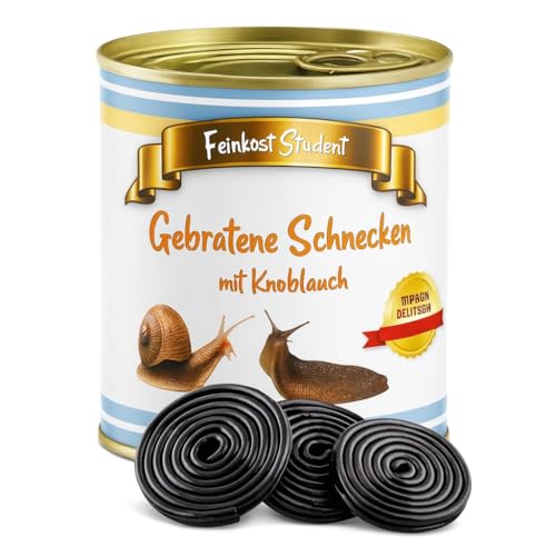 AnyCakes Gebratene Schnecken mit Knoblauch aus der Dose – lustiges Geschenk zu Weihnachten oder Geburtstag für Männer und Frauen – Lakritz Schnecken in einer Feinkost Dose – 300g