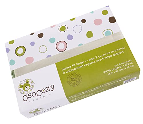 OsoCozy Organic Cotton Prefold Cloth Diapers Better Fit Large 4x8x4 Layering (6pk) - Super-Soft, Thick, Absorbent and Durable. Unbleached Natural...