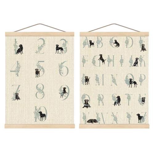 Image of Boat Wades Numbers Alphabet Black Labrador Retriever Wall Art Poster Hanger Frame, Labrador Dog Light Blue Educational Wall Decor for Kids Toddler Room Nursery Classroom, 12x16 Inch Set of 2