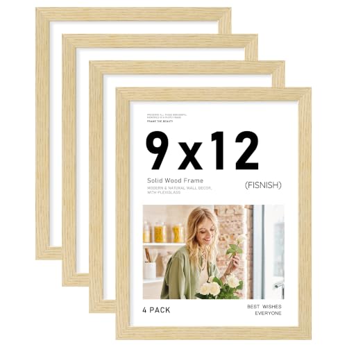 Image of 9x12 Picture Frame Set of 4, Natural Solid Wood Frames