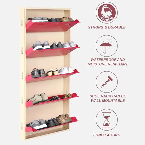 Image of Metal Shoe Rack Wall Mounted for Home with Central Locking 5 Door 28 inch Wall Mounted Metal 15 Pair Shoe Rack Cabinet Pre-Assembled Rack Shelves 3 Year Warranty (Pink & Ivory)
