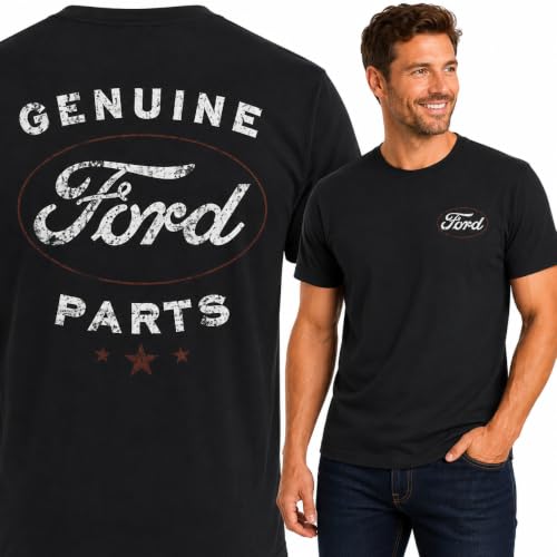 Wild Bobby Genuine Ford Parts Vintage Distressed Cars and Trucks Mens Graphic Tees Front and Back T Shirt Printed Graphic Tees for Men, Black, Small