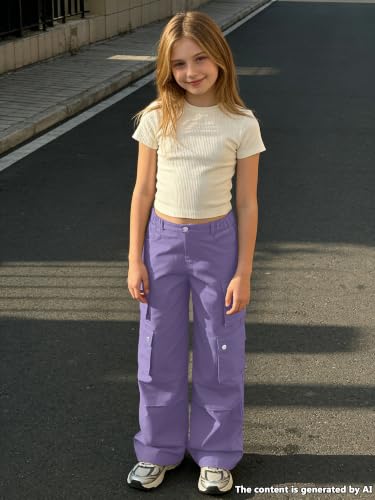 Image of SANGTREE Girls High Waist Casual Y2k Wide Leg Cargo Pants, 4-14 Years