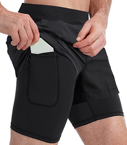 Wantonfy Pantalón Corto para Hombre Pantalones Cortos de Atletismo Running 2-en-1 con Bolsillo Interior