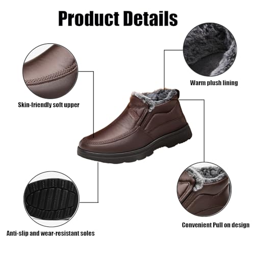 Men's Waterproof Thickened Warm Fur Lined Winter Boots,Outdoor Anti-Slip Middle-Aged and Elderly Comfortable Slip-on Snow Booties High Top Thick Sole Cotton Shoes2