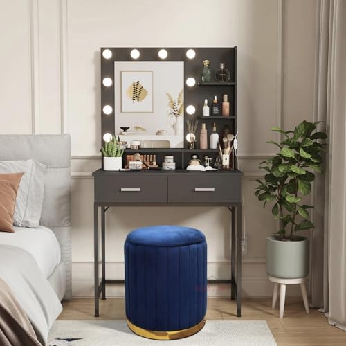 Image of Round Velvet Luxurious Storage Ottoman, Pouf with Storage Vanity Stool Chair,Upholstered Foot Rest Stool with Gold Strip Base for Living Room or Bedroom (Blue., Large-40Dx40Wx46H)