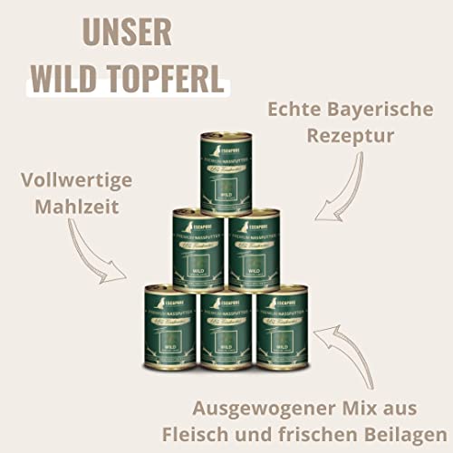 Escapure Adult Nassfutter Wild 6 x 400g Dose - 90% pures Wildfleisch Hundefutter - Dosenfutter Wild Topferl ohne Zusatzstoffe - Ergänzungsfuttermittel für ausgewachsene Hunde frei von Getreide